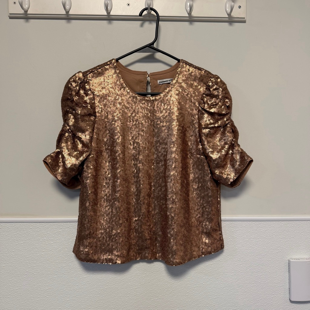 Women's Abercrombie & Fitch M Gold Bronze Sequin Puff Sleeve Blouse New NWOT
